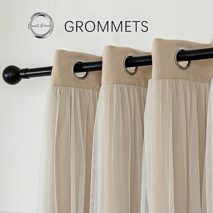 INLINAS Beige Blackout Curtains with Sheer Overlay - Grommet Top Thermal and Noise Reduction Panels for Bedroom and Living Room Light Blocking and Energy Saving, 37 x 72 Inches, Set of 2