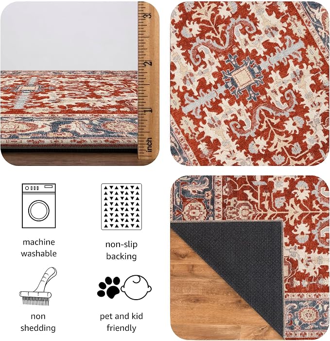 Keen Home Design 30"x84" Rug - Machine Washable Runner Rug with Non-Slip Backing, Ideal for Hallway, Entryway, Kitchen, Laundry Room - Vintage, Easy Clean, Durable, Low Pile Rug - (2'6" x 7')