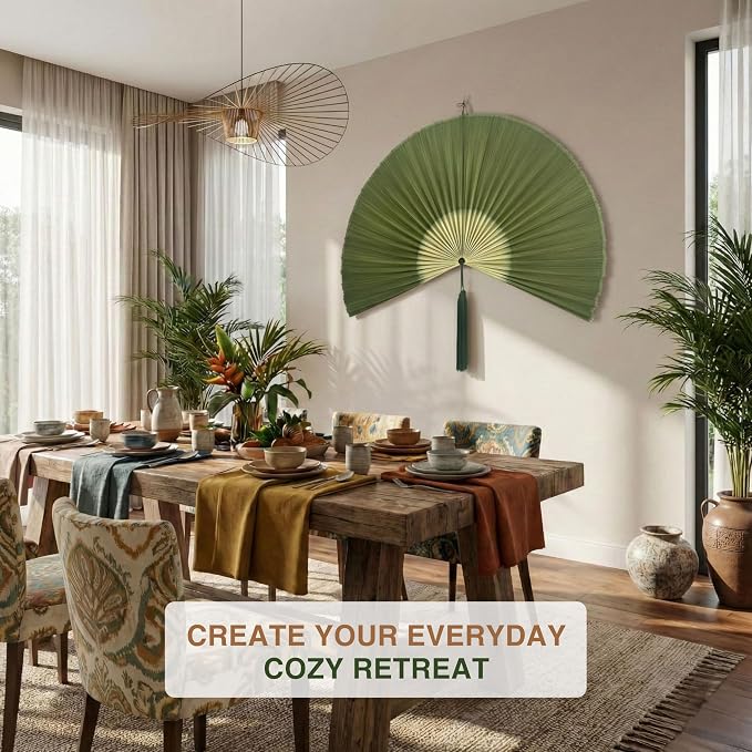 SUCHUBU Handcrafted Green Wall Fan, 40" Decorative Bamboo Wall Decor, Large Japanese Art Piece, Asian Inspired Fireplace Decor, Vibrant Statement Wall Art for Living Room (Greenwhite, Medium)