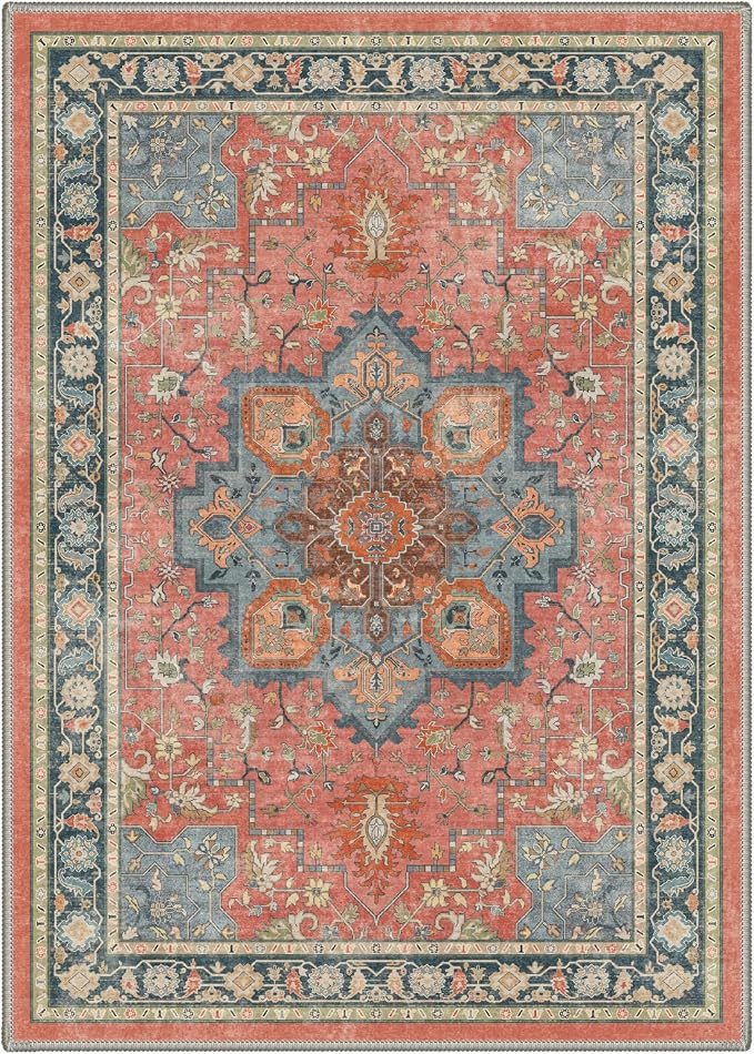 GENIMO 8x10 Area Terracotta Rug for Living Room, Machine Washable Rug, Non Slip Indoor Vintage Carpet, Low Pile Lightweight Print Carpet for Bedroom Dining Room Home Office