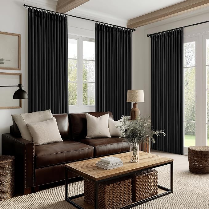 Black 96 Inch Blackout Pinch Pleated Curtains 2 Panel Set for Living Room Darkening Thick Linen Textured 100% Black Out Drapes 96 Inches Long Pinch Pleat Back Tab Light Blocking Bedroom Curtains