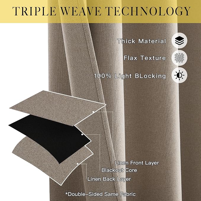 NICETOWN Vintage Faux Linen Weave Flax Thermal Curtains for Living Room, W52 x L84 in Per Panel, Set of 2, 100% Blackout Curtains for Bedroom, Window Treatments for Night Shift Workers, Taupe