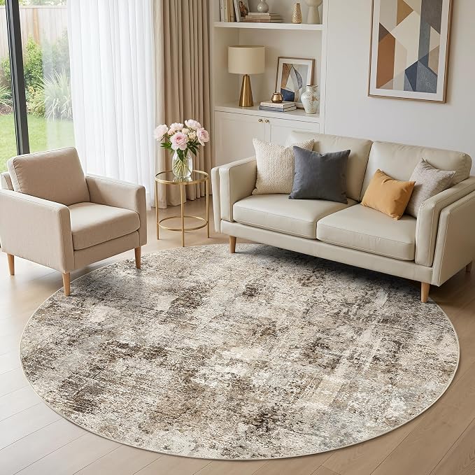 WITSHOCK Area Rugs 6ft Round Living Room Rug - Washable Neutral Soft Low Pile Non-Slip Modern Abstract Thin Large Indoor Carpet for Bedroom Dining Room Nursery Office - Dark Brown