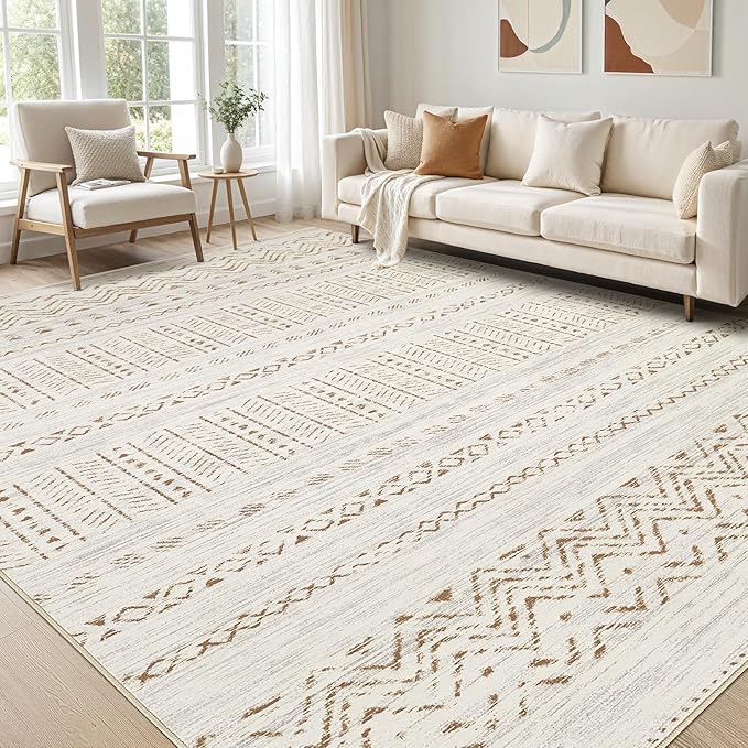 cotiled 6x9 Area Rugs Living Room Rug: Washable Boho Rugs with Non Slip Backing Large Soft Indoor Stain Resistant Carpet for Bedroom Farmhouse Dining Room Lightweight Home Decor Brown/Cream