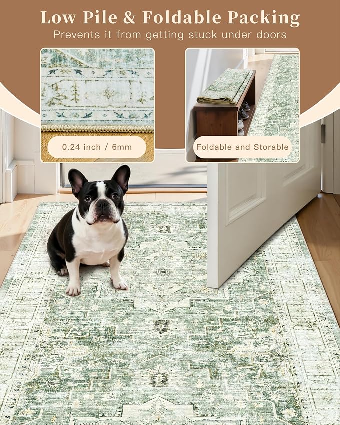 Madane Washable Runner Rugs 2x10 Long for Hallway Kitchen, Green/Ivory | Non-Slip Low-Pile 10ft Rug Runners Soft, Stain-Resistant Floor Carpet Mat for Entrance, Living Dining Laundry Room, Stair