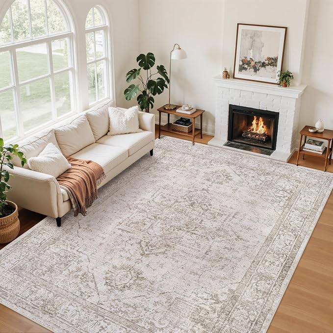 5x7 Area Rugs for Living Room:Beige Washable Vintage Medallion Carpet Non-Slip Soft Low Pile Large Rugs Indoor Retro Rug for Bedroom Nursery Dining Table Office Home(Beige Brown, 5'x7')