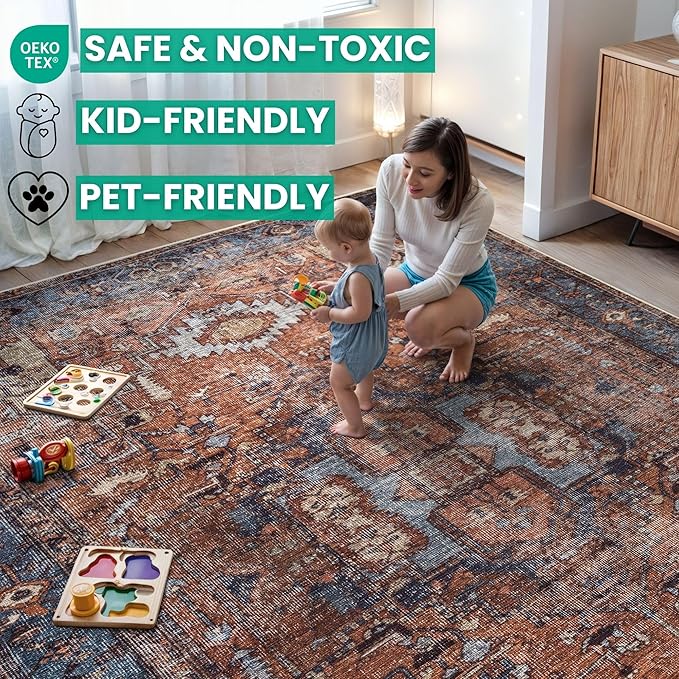 Bloom Rugs Washable 9' x 12' Rug - Terracotta/Blue Traditional Area Rug for Living Room, Bedroom, Dining Room, and Kitchen - Exact Size: 9' x 12'