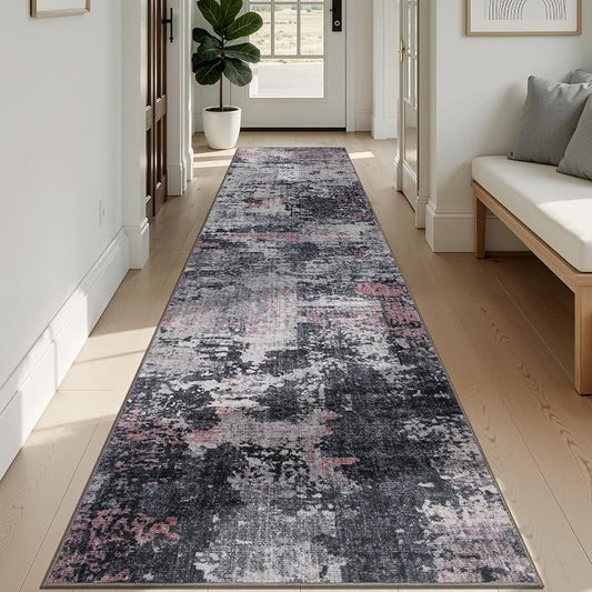Sasttie 2x12 Soft Runner Rug for Entryway, Modern Abstract Washable Carpet for Hallway, Kitchen and Laundry Room, with Non-Slip Backing, Black and Pink