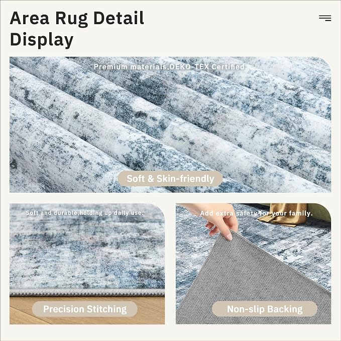 Soalmost Abstract Rug 8x10 Large Living Room Rugs Neutral Modern Washable Area Rugs for Bedroom Dining Room Non-Slip Stain Resistant Foldable Thin Blue