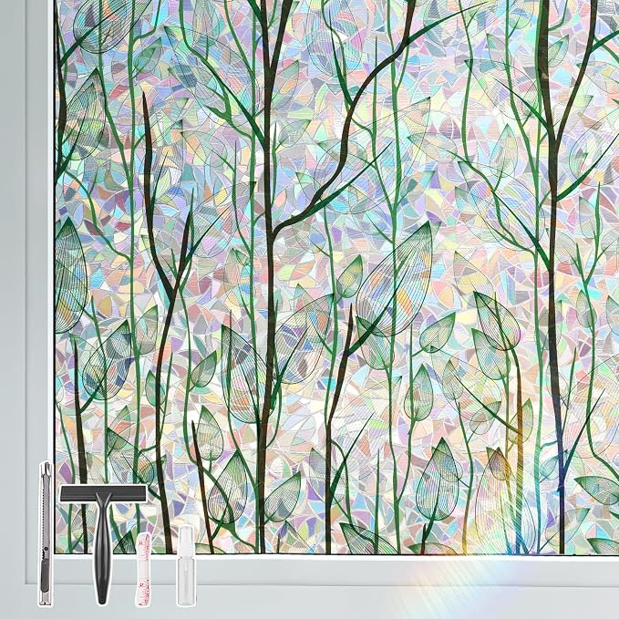 LEMON CLOUD Privacy Window Film 3D Stained Glass Window with Installation Tools,No Glue Static Cling Window Sticker,Decorative for Glass Door,Bathroom,Office and Home (Leaf Rainbow,23.6 x 78.7 Inch)