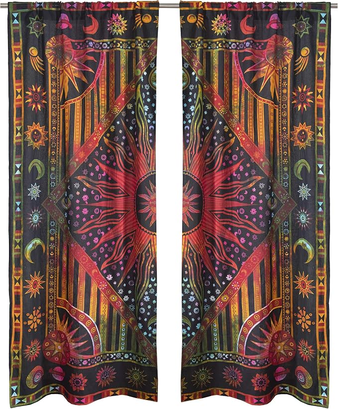 Popular Handicrafts 100 Inch Length 2 Panels Set Indian Burning Sun Hippie Mandala Window Curtains - Gypsy Tye Dye Bohemian Sun Moon Beautiful Drapery Bedroom Living Room Balcony Valance Panels Golden