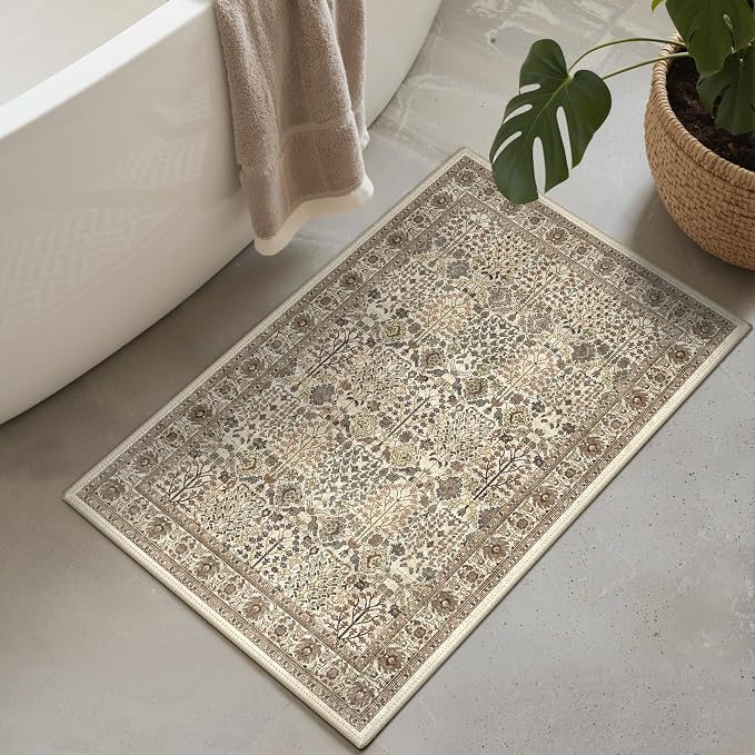 Bavni 2x3 Doormat, Machine Washable Runner Rug Non Slip, Vintage Floral Print Style Rugs for Entrance-Lightweight Low Pile Carpet for Hallways Kitchen and Corridor, Dark Espresso
