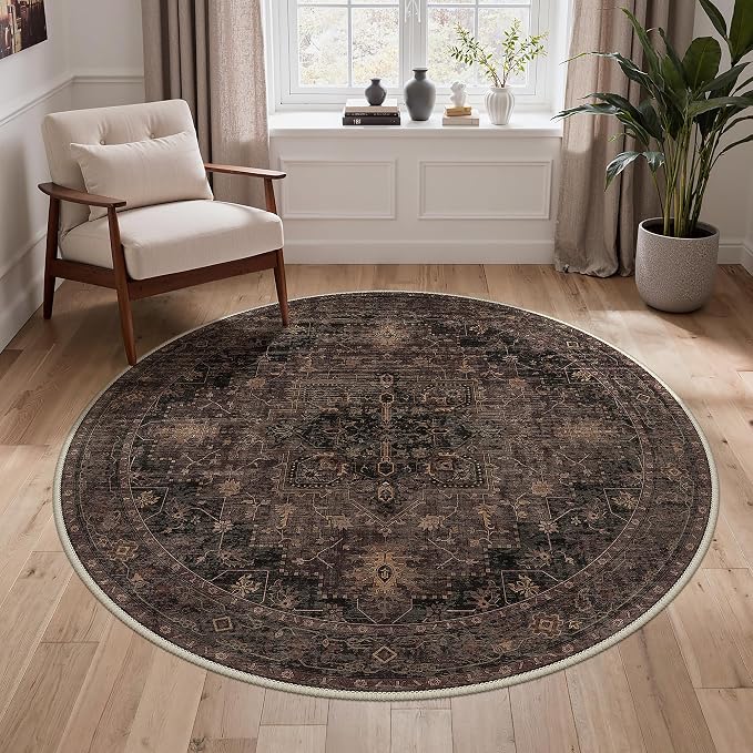 GENIMO 5FT Round Area Rugs for Living Room, Circle Rugs Machine Washable Low Pile, Non Slip Vintage Rug for Bedroom, Dining Room, Home Office, Charcoal Brown