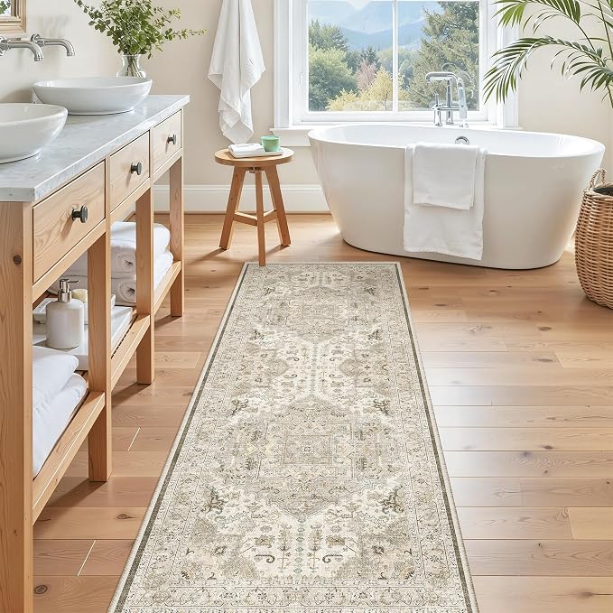 Madane Washable Runner Rug 2x6 Runners for Hallways Non Slip, Ivory/Brown | Vintage Stain-Resistant 6 Feet Kitchen Rug, Soft Low-Pile Ultra-Thin Floor Carpet Mat for Bathroom Laundry Room Bedroom 2x6ft