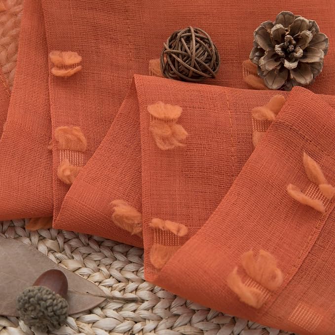 DANCURTON Rust Orange Sheer Curtains 96 Inches Long 2 Panels Living Room 52 Inch Width Boho Farmhouse Sheer Window Curtain Pom Pom Tuft Semi Curtains for Girl Kids Bedroom Back Tab 52x96 Burnt Orange