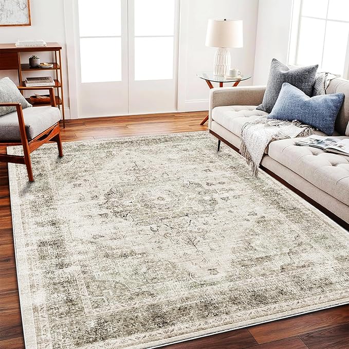 CHAMPLANT Area Rug 6'x9' Washable Vintage Floral Khaki Traditional Floor Cover Thin Retro Kitchen Indoor Distressed Non Slip Carpet for Living Room Bedroom Dining Room