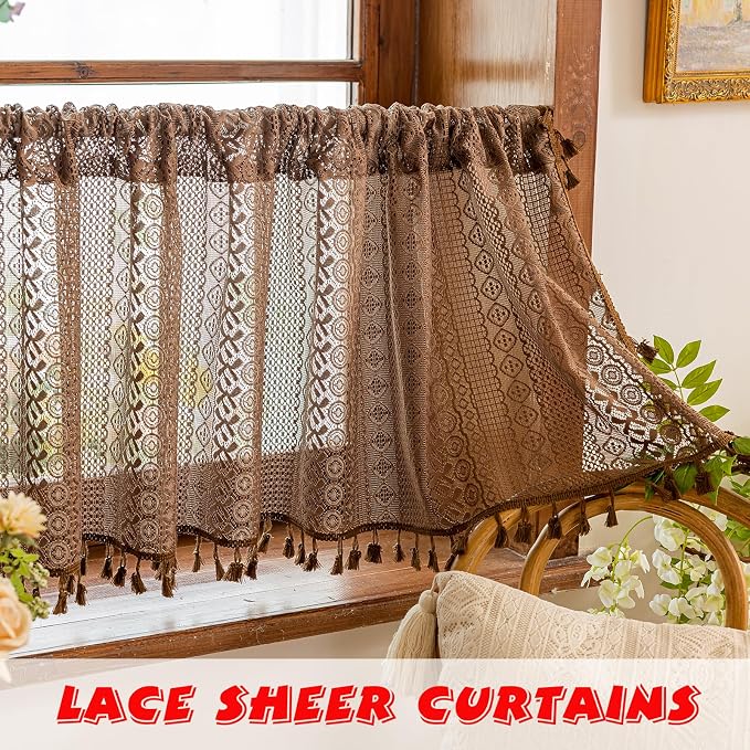 Sutuo Home Dark Coffee Boho Short Curtains Valance for Kitchen Window Curtains Over Sink, Caramel Lace Sheer Closet Crochet Privacy Farmhouse Vintage Chic Tassels Rod Pocket,2 Panels 50" W x 18" L