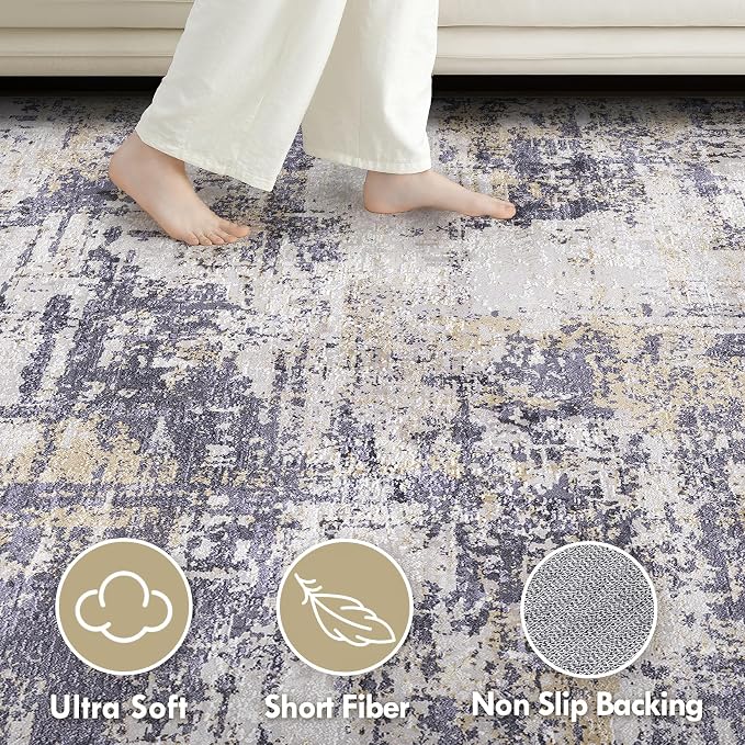 Tortania Area Rug Living Room Rugs - 10x14 Modern Abstract Neutral Large Soft Thin Rugs - Non Slip Indoor Carpet for Bedroom Dining Room Office Nursery Home Floor Decoration - Purple