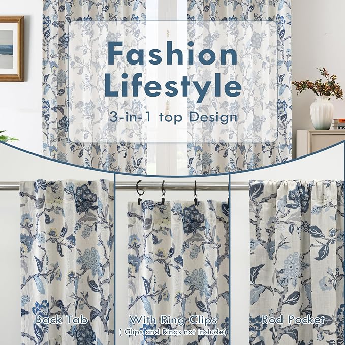DriftAway Ada Floral Botanical Print Flower Leaf Lined Thermal Insulated Room Darkening Linen Blend 100% Blackout Back Tab Window Curtains 2 Layers Set of 2 Panels Each 52 Inch by 84 Inch Navy