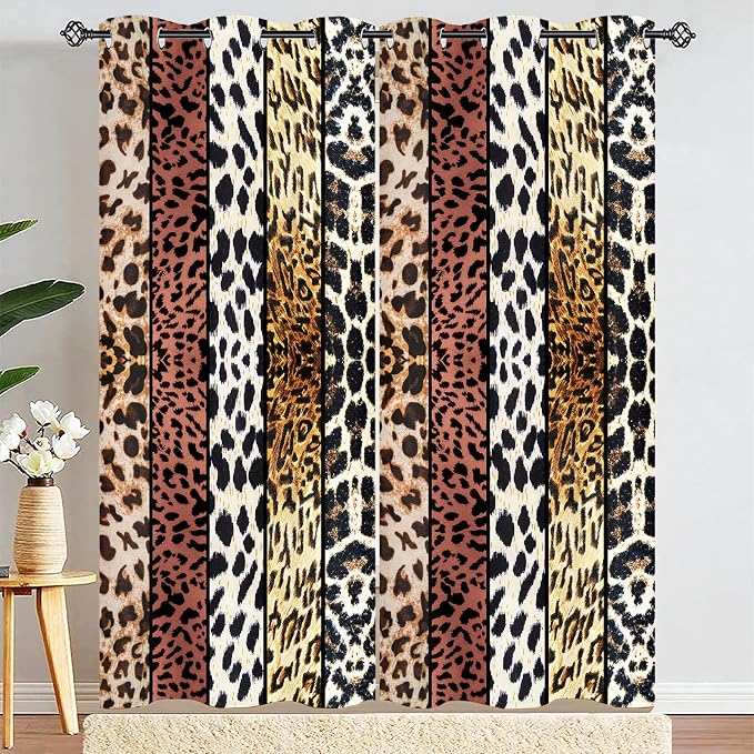 Wild Animal Print Curtain, Room Darkening Thermal Insulated Blackout Leopard Boa Window Drapes with Grommets for Living, Dining, Bedroom, Brown Leopard Print, 42"x 90", 2 Panels