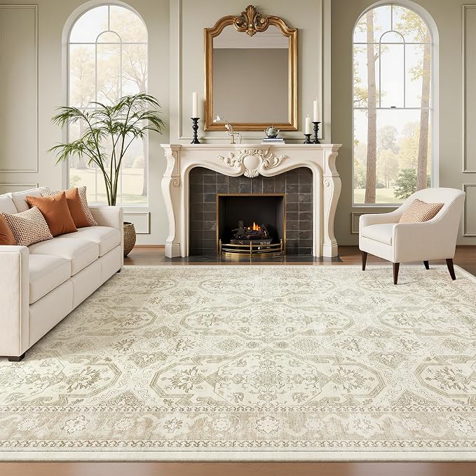 Soalmost 7x10 Area Rug for Living Room Washable Abstract Vintage Soft Thin Indoor Floor Non-Slip Carpet for Bedroom Dining Room Beige/Brown