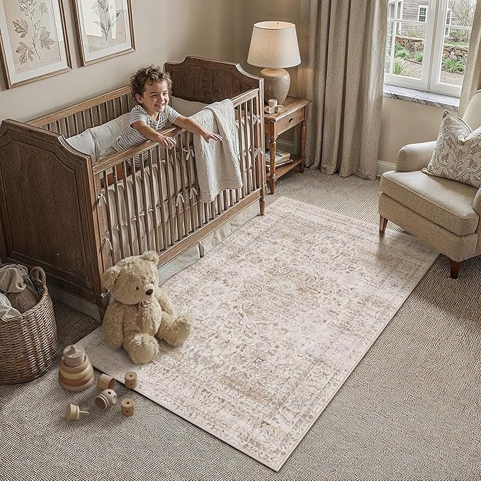 3x5 Washable Area Rug Beige Vintage Non Slip Soft Low Pile Rug for Entryway Kitchen Bathroom Distressed Oriental Throw Carpet for Living Room Bedroom Home Decor