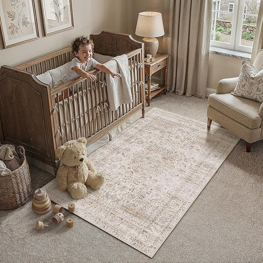 3x5 Washable Area Rug Beige Vintage Non Slip Soft Low Pile Rug for Entryway Kitchen Bathroom Distressed Oriental Throw Carpet for Living Room Bedroom Home Decor