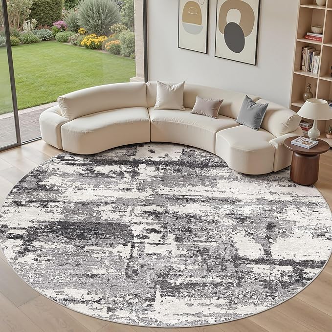 Area Rugs for Living Room: 12x12 Abstract Washable Rug Modern Neutral Large Soft Stain Resistant Non-Slip Backing Machine Table for Bedroom Dining Room Indoor Home Office Carpet - Black Grey