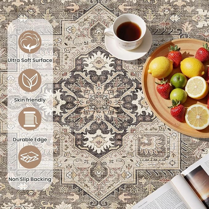 Vintage Living Room Area Rug 3x5 - Large Soft Washable Oriental Traditional Distressed Farmhouse Rugs for Bedroom - Indoor Floor Accent Carpet for Home Office House Decor - Brown