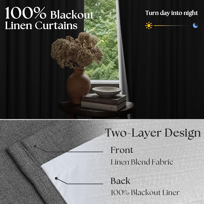 Dark Grey Pinch Pleated Blackout Curtains 108 Inches Long for Bedroom 100% Black Out Thick Linen Dual Layer Pleated Drapes Farmhouse Country Charcoal Gray 108 Inch Curtain for Dining Living Room