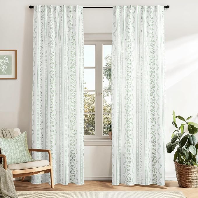 Light Sage Green and White Vine Spring Curtains for Living Room, Cottage Core Floral Pattern Light Filtering Sheer Window Panels for Bedroom Kitchen, 84 Inches Long