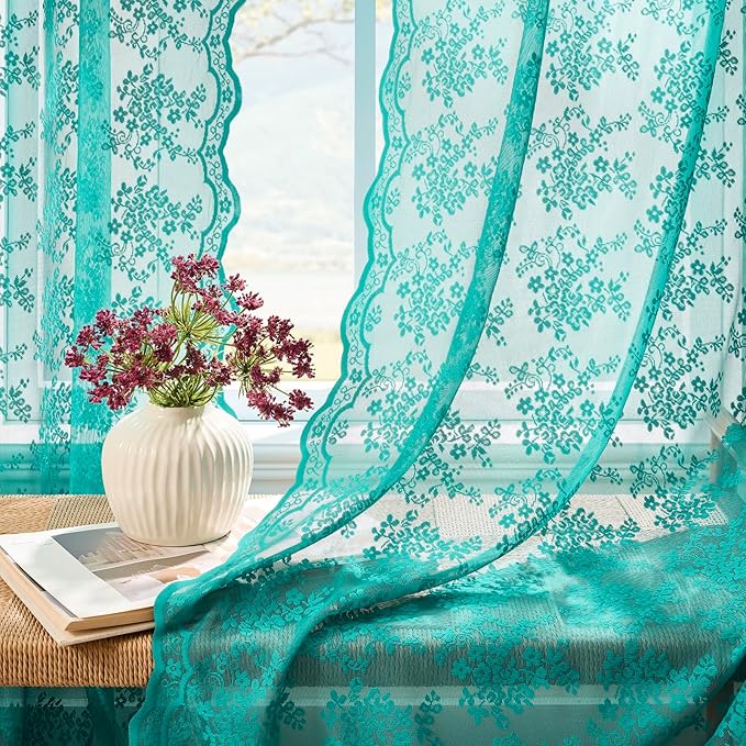 YJ YANJUN Vintage Lace Curtains 63 Inch Length Victorian Floral Teal Sheer Curtain Panels for Living Room Bedroom Boho Farmhouse Shabby Chic Drapes Light Filtering 2 Panels 52W x 63L Dark Cyan