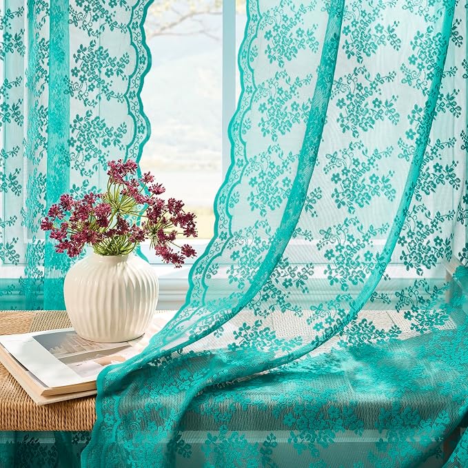 YJ YANJUN Vintage Lace Curtains 72 Inches Long-Victorian Floral Teal Sheer Curtain Panels for Living Room Bedroom Boho Farmhouse Shabby Chic Drapes Light Filtering 2 Panels 52W x 72L Dark Cyan