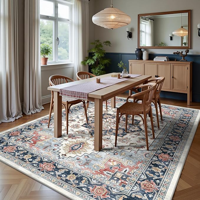 6x9 Area Rugs - Washable Rug Vintage Distress Boho Medallion Rugs for Living Room, Soft Non-Slip Backing Low Pile Carpet for Bedroom Dining Room Office Nursery Dorm Home, Blue Beige Orange