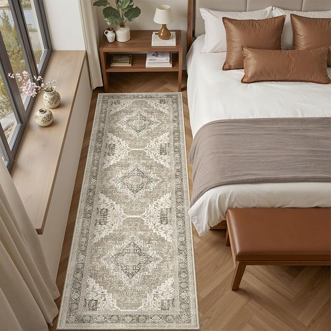 Roxstand Washable 2.6x8 Hallway Runner Rug, Brown/Beige | low-pile carpet, non-slip backing,8ft runner, stain resistant, runner for kitchen, laundry room, entryway,vintage design