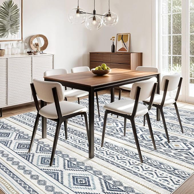 cotiled 10x12 Area Rugs Living Room Rug: Washable Boho Rugs with Non Slip Backing Large Soft Indoor Stain Resistant Carpet for Bedroom Farmhouse Dining Room Lightweight Home Decor Blue