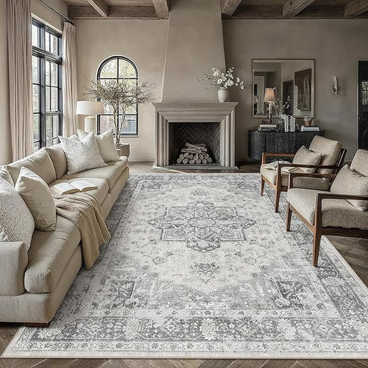 PureCozy Gray 6x9 Area Rug Washable Vintage Living Room Carpet Non Slip Retro Distressed Low Pile Soft Oriental Medallion Thin Large Grey Throw Rug for Office Bedroom Dining Room Playroom