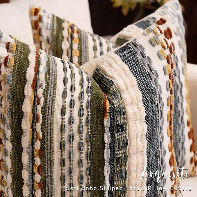Boho Chenille Tufted Throw Pillow Covers 18x18 Inch Set of 2 Farmhouse Mixed Green Woven Striped Decorative Pillowcases for Couch Sofa Bed