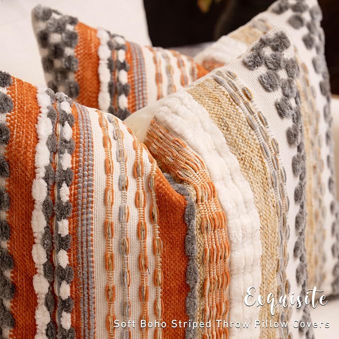 Boho Chenille Tufted Throw Pillow Covers 18x18 Inch Set of 2 Farmhouse Orange Grey Woven Striped Decorative Pillowcases for Couch Sofa Bed