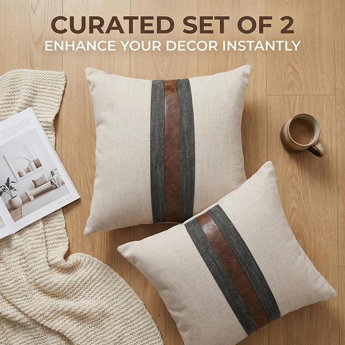 Set of 2 Leather Throw Pillow Covers Cotton Linen Decor Patchwork Pillow Cover Faux Leather Pillows Cover for Couch Sofa Living Room Bedroom,Beige 18"x18"