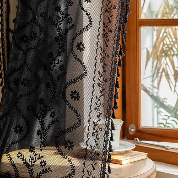 WAZZIO Boho Lace Curtains 63 Inch -Vintage Victorian Sheer Panel Drape Floral Pattern & Tassel Light Filtering Privacy for Bedroom Dining Living Room,Black Gothic Halloween Decor,2 Panels,W52 x 63L