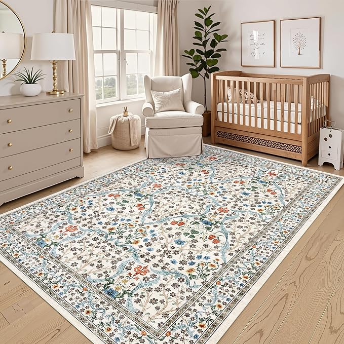 GarveeHome Washable Rug for Living Room, 9x12 Large Area Rug for Dining Room Under Table, Bedroom, Floral Soft Low Pile Non Slip Stain Resistant Carpet for Nursery, Playroom, Office, Beige