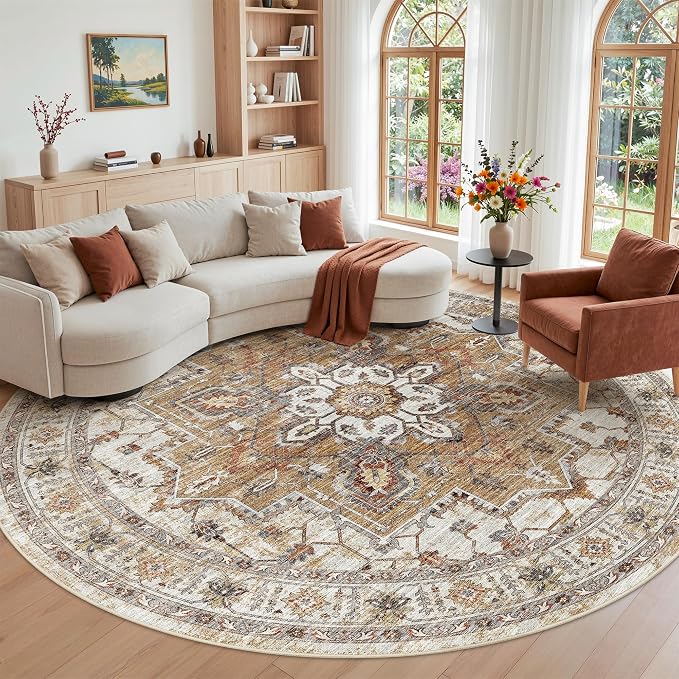 Madane Washable 9ft Circle Round Rug, 9x9 Circular Area Rugs, Turmeric/Grey | Non-Slip Vintage Floor Carpet for Living Room Dining Room, Low Pile Home Decor Mat For Bedroom Office Under Table