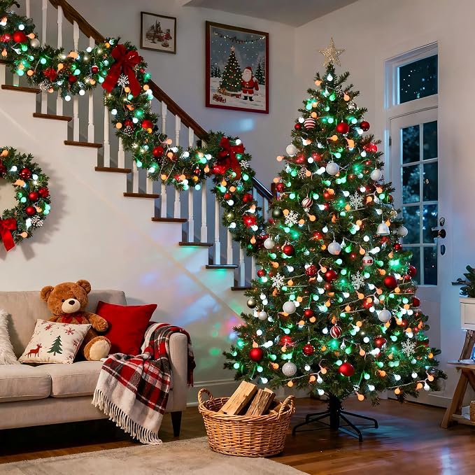 JMEXSUSS 33ft 100 LED Globe Red White and Green Christmas String Lights | Connectable Christmas Lights Plug in with Remote, 8 Modes Fairy Lights Outdoor for Christmas Room Party Home Decor