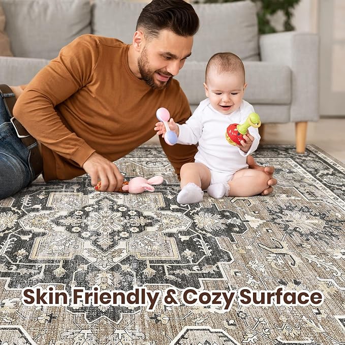 Vintage Living Room Area Rug 6x9 - Large Soft Washable Oriental Traditional Distressed Farmhouse Rugs for Bedroom - Indoor Floor Accent Carpet for Home Office House Decor - Black Brown