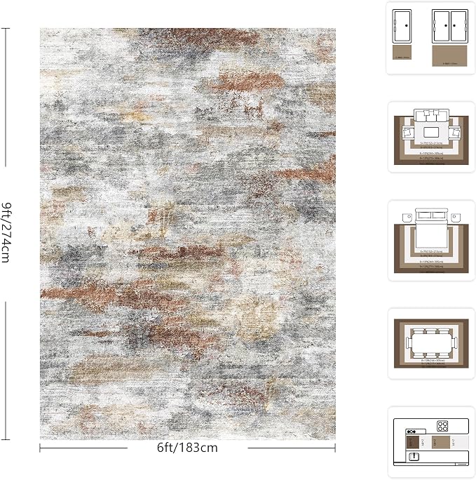 Washable Rug 6x9, Abstract Morden Soft Area Rug, Non-Slip Low Pile Rugs for Living Room, Bedroom, Dining Room, Home, Office(Grey & Brown)