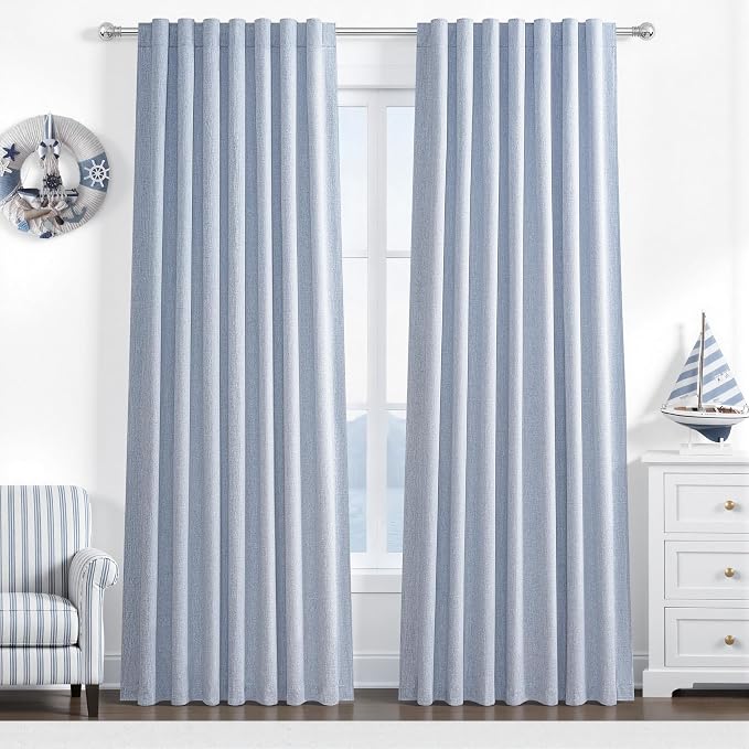 Dusty Blue Blackout Nursery Curtains 84 Inch Length for Kids/Boys Rooms/Bedroom, Floor to Ceiling Track Pleated Window Drapes with Hooks Linen Winter Thermal Coastal Light Blue(50"Wx84"Lx 2Panels)