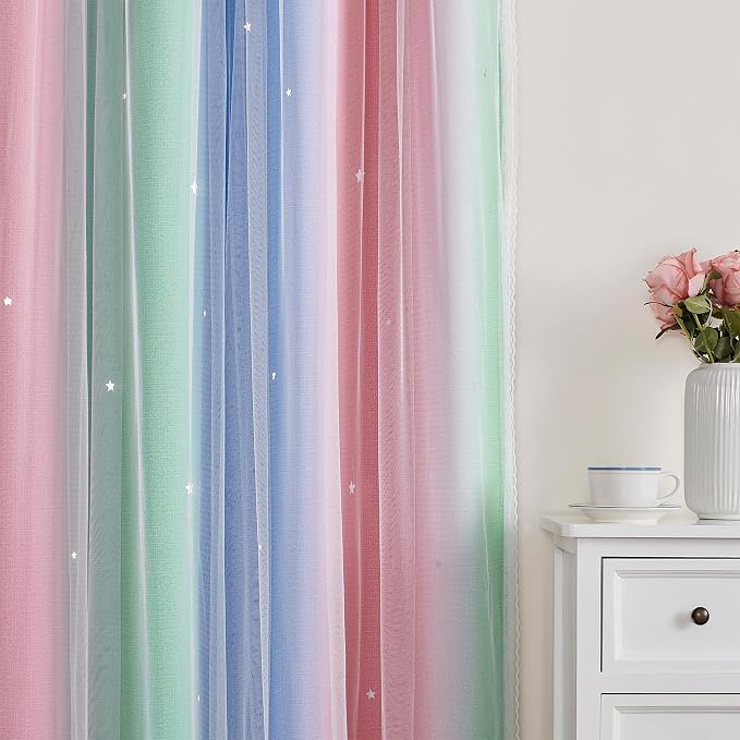 XiDi Curtains for Bedroom Decor, Rainbow Pink GreenBlue34/54/1