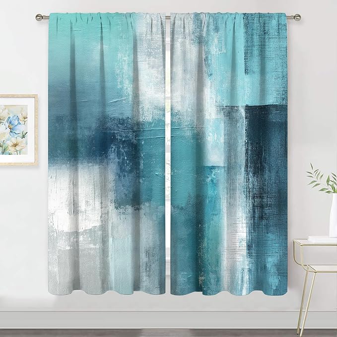 MESHELLY Turquoise Grey Abstract Teal Curtains 42Wx63H Rod Pocket Blue Aqua Gray Art Painting Modern Contemporary Watercolor Background Oil Print Cool Living Room Bedroom Window Drapes Fabric 2 Panel
