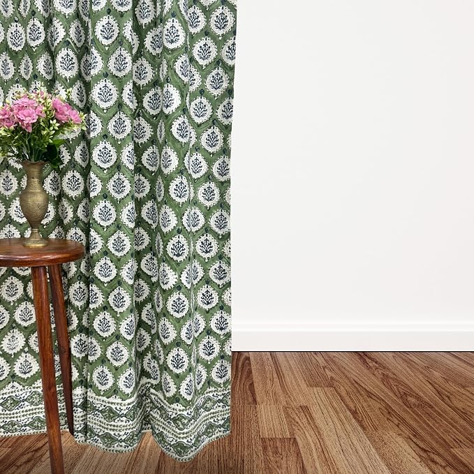 ATOSII 100% Cotton Single Panel Floral Block Print Curtain, Easy Hanging with Rod Pocket & Loop, Living Room, Dining Room, Bedroom Light Filtering Boho Curtains, Set of 1, 60" W X 84" L, Kari Green